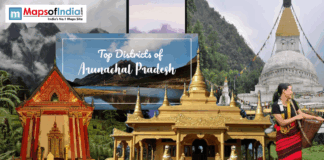 Top Districts of Arunachal Pradesh visuals of landscapes, temple architecture, and interface elements with a text "top districts of arunachal pradesh"