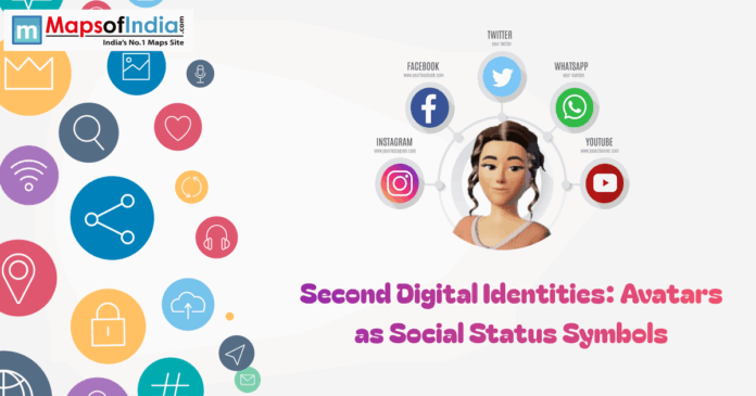 Illustration of a digital avatar surrounded by social media icons like Facebook, Instagram, Twitter, WhatsApp, and YouTube representing second digital identities and online status