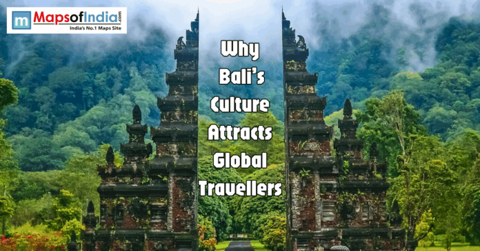 bali Ornate Balinese stone split gateway Candi Bentar in a lush green tropical forest with text "Why Bali’s Culture Attracts Global Travellers."