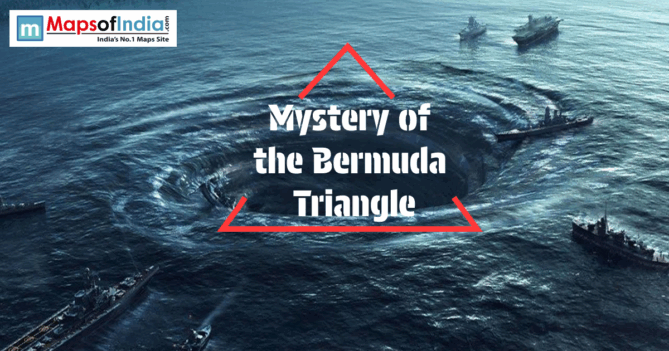 Large whirlpool in the ocean surrounded by ships and a red triangle with the text "Mystery of the Bermuda Triangle."