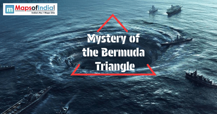 Large whirlpool in the ocean surrounded by ships and a red triangle with the text "Mystery of the Bermuda Triangle."
