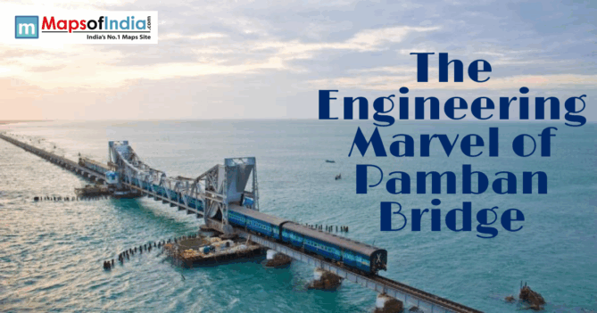 A train crosses the historic Pamban Bridge over the ocean in Tamil Nadu, India