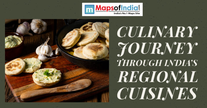 A rustic spread of Indian bread with garlic butter on a wooden board, alongside fresh garlic and a pan of flatbreads, promoting a culinary journey through India’s regional cuisines.
