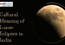 Cultural Meaning of Lunar Eclipses in India Partial lunar eclipse against a black background with the text "Cultural Meaning of Lunar Eclipses in India."