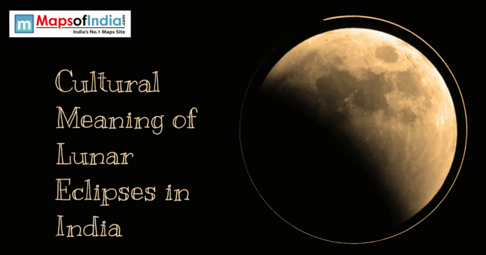 eclipses Partial lunar eclipse against a black background with the text "Cultural Meaning of Lunar Eclipses in India."