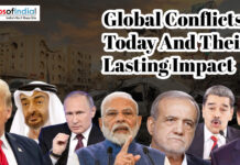 Global Conflicts Today And Their Lasting Impact Collage of global leaders against a war-torn backdrop illustrating ongoing global conflicts and their lasting impact.