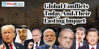 Global Conflicts Today And Their Lasting Impact Collage of global leaders against a war-torn backdrop illustrating ongoing global conflicts and their lasting impact.