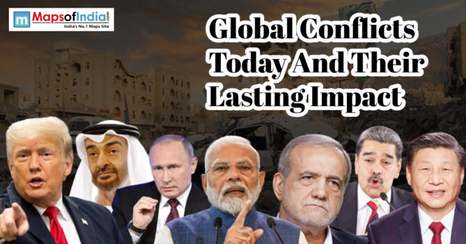 Collage of global leaders against a war-torn backdrop illustrating ongoing global conflicts and their lasting impact.