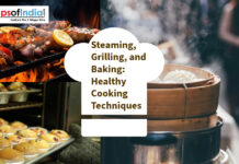 Steaming, Grilling, and Baking: Healthy Cooking Techniques Collage showcasing grilling salmon, baking muffins, and steaming dumplings.