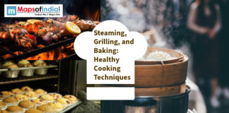Steaming, Grilling, and Baking: Healthy Cooking Techniques Collage showcasing grilling salmon, baking muffins, and steaming dumplings.