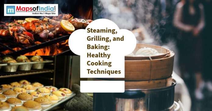 Collage showcasing grilling salmon, baking muffins, and steaming dumplings.