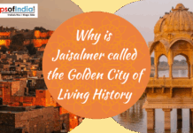 Why is Jaisalmer called the Golden City of Living History Jaisalmer cityscape with golden sandstone fort and historic pavilion by the lake, featuring text “Why is Jaisalmer called the Golden City of Living History” and Maps of India logo