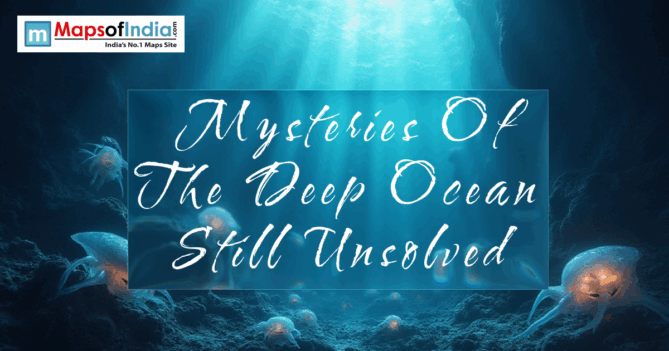 Illustration of the deep ocean with glowing jellyfish and light rays, featuring the title “Mysteries of the Deep Ocean Still Unsolved.”