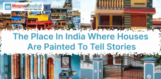 The Place In India Where Houses Are Painted To Tell Stories Collage of colorful Indian houses with vibrant painted walls and murals, featuring the title “The Place In India Where Houses Are Painted To Tell Stories” and Maps of India logo
