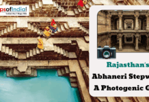 Rajasthan’s Abhaneri Stepwell: A Photogenic Gem Visitors walking along the geometric steps of Chand Baori at Abhaneri, Rajasthan, with turquoise water below and a graphic highlighting “Rajasthan’s Abhaneri Stepwell: A Photogenic Gem.”