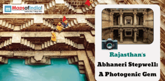 Rajasthan’s Abhaneri Stepwell: A Photogenic Gem Visitors walking along the geometric steps of Chand Baori at Abhaneri, Rajasthan, with turquoise water below and a graphic highlighting “Rajasthan’s Abhaneri Stepwell: A Photogenic Gem.”
