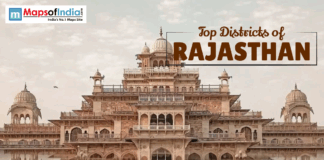 Top Districts of Rajasthan Scenic view of a historic palace in Rajasthan with “Top Districts of Rajasthan” title overlay