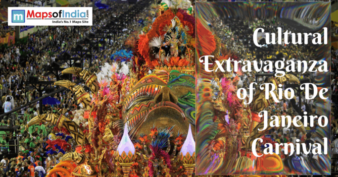 Colorful parade float and dancers performing during the Rio de Janeiro Carnival with a large crowd in the background.