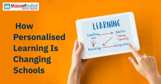 Hands holding a tablet displaying a learning diagram next to the text "How Personalised Learning Is Changing Schools."