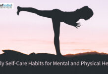 Daily Self-Care Habits for Mental and Physical Health Silhouette of a person performing a yoga pose against a sunset background with self-care text.