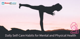 Daily Self-Care Habits for Mental and Physical Health Silhouette of a person performing a yoga pose against a sunset background with self-care text.
