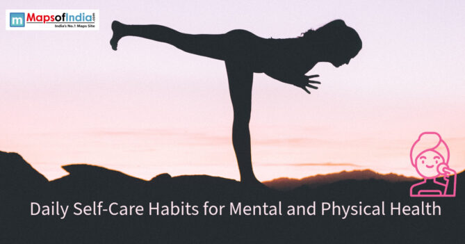 Silhouette of a person performing a yoga pose against a sunset background with self-care text.