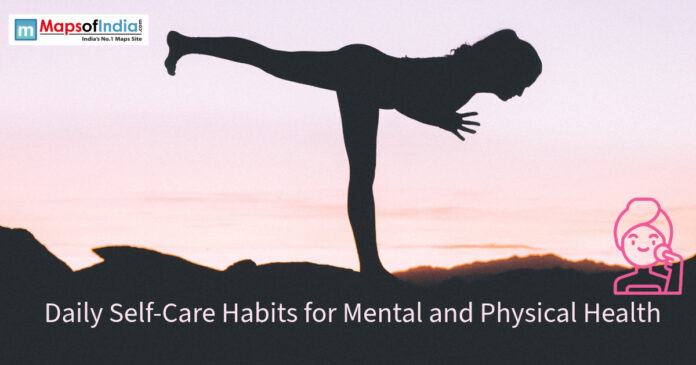 self care Silhouette of a person performing a yoga pose against a sunset background with self-care text.