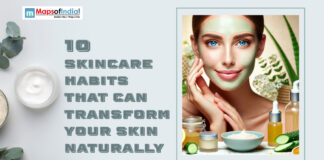 10 Skincare Habits That Can Transform Your Skin Naturally Woman applying face mask with natural skincare ingredients and 10 habits text.