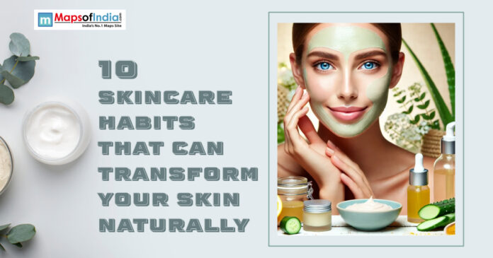 Woman applying face mask with natural skincare ingredients and 10 habits text.