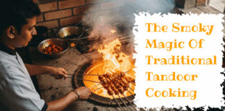 The Smoky Magic Of Traditional Tandoor Cooking A chef in a white uniform prepares skewers of marinated meat over the intense orange flames of a traditional clay tandoor oven. The scene is filled with rising smoke, and a text overlay on the right reads, "The Smoky Magic Of Traditional Tandoor Cooking."