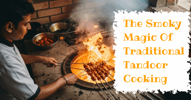 A chef in a white uniform prepares skewers of marinated meat over the intense orange flames of a traditional clay tandoor oven. The scene is filled with rising smoke, and a text overlay on the right reads, "The Smoky Magic Of Traditional Tandoor Cooking."