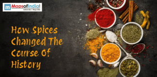 How Spices Changed The Course Of History Assorted colorful spices like turmeric, chili powder, cardamom, and pepper with the title “How Spices Changed the Course of History”