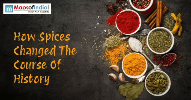 Assorted colorful spices like turmeric, chili powder, cardamom, and pepper with the title “How Spices Changed the Course of History”