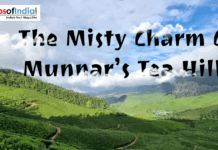The Misty Charm Of Munnar’s Tea Hills Scenic view of Munnar’s lush green tea hills under a cloudy blue sky with the title text overlaid.