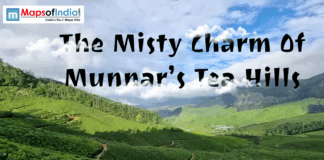 The Misty Charm Of Munnar’s Tea Hills Scenic view of Munnar’s lush green tea hills under a cloudy blue sky with the title text overlaid.