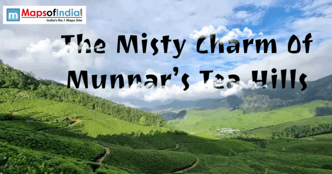 Scenic view of Munnar’s lush green tea hills under a cloudy blue sky with the title text overlaid.