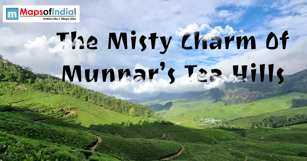 Scenic view of Munnar’s lush green tea hills under a cloudy blue sky with the title text overlaid.