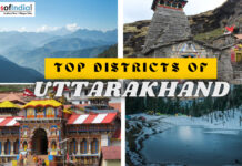 Top Districts of Uttarakhand: Discover the Best of Devbhoomi Collage of Uttarakhand landmarks including Himalayan peaks, ancient stone temples, and a frozen lake.