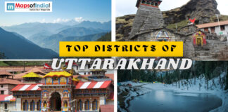 Top Districts of Uttarakhand: Discover the Best of Devbhoomi Collage of Uttarakhand landmarks including Himalayan peaks, ancient stone temples, and a frozen lake.