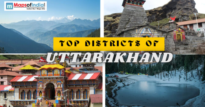 Collage of Uttarakhand landmarks including Himalayan peaks, ancient stone temples, and a frozen lake.