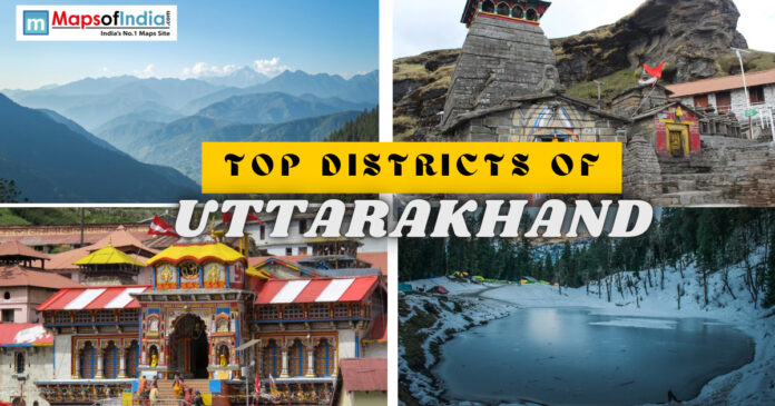 Collage of Uttarakhand landmarks including Himalayan peaks, ancient stone temples, and a frozen lake.