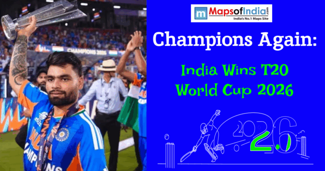 Indian cricket player holding the T20 World Cup trophy with the text “Champions Again: India Wins T20 World Cup 2026.”