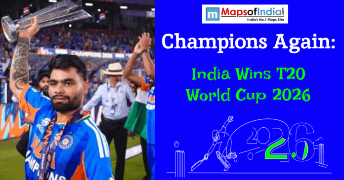 Indian cricket player holding the T20 World Cup trophy with the text “Champions Again: India Wins T20 World Cup 2026.”