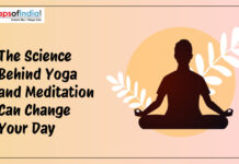 The Science Behind Yoga and Meditation Can Change Your Day Silhouette of a person meditating with text about the science behind yoga and meditation on a soft pastel background.