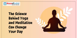 The Science Behind Yoga and Meditation Can Change Your Day Silhouette of a person meditating with text about the science behind yoga and meditation on a soft pastel background.