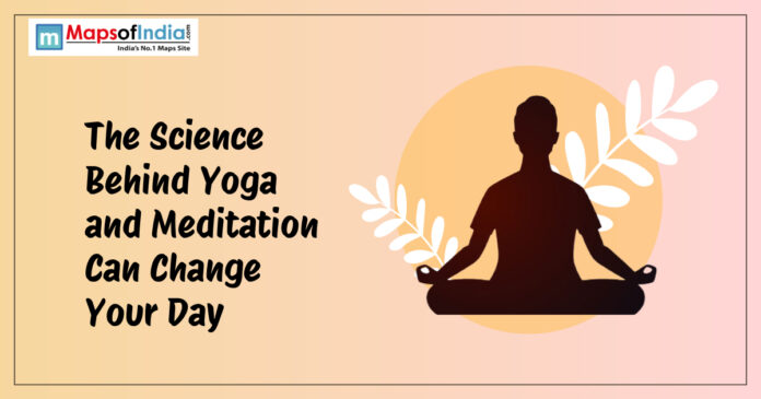 Silhouette of a person meditating with text about the science behind yoga and meditation on a soft pastel background.