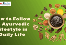 How to Follow an Ayurvedic Lifestyle in Daily Life Banner showing Ayurvedic herbs, spices, and a herbal paste with the text “How to Follow an Ayurvedic Lifestyle in Daily Life” on a green background.