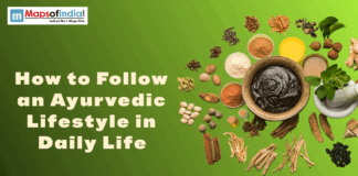 How to Follow an Ayurvedic Lifestyle in Daily Life Banner showing Ayurvedic herbs, spices, and a herbal paste with the text “How to Follow an Ayurvedic Lifestyle in Daily Life” on a green background.