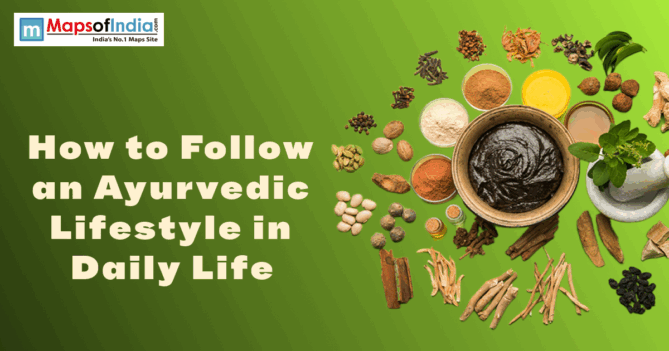 Banner showing Ayurvedic herbs, spices, and a herbal paste with the text “How to Follow an Ayurvedic Lifestyle in Daily Life” on a green background.