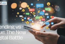 Trending vs True: The New Digital Battle Social media icons bursting from a smartphone with the text "Trending vs True: The New Digital Battle."